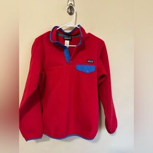 Patagonia synchilla pullover in bright pink with Blue and green Trim
